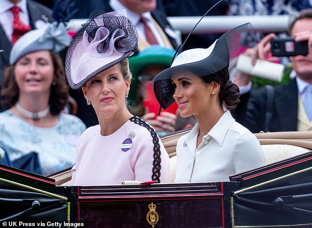 Speaking about Harry and Meghan's exit from the Firm, Sophie added: 'I just hope they will be happy'. Sophie and Meghan are pictured at Ascot in 2018
