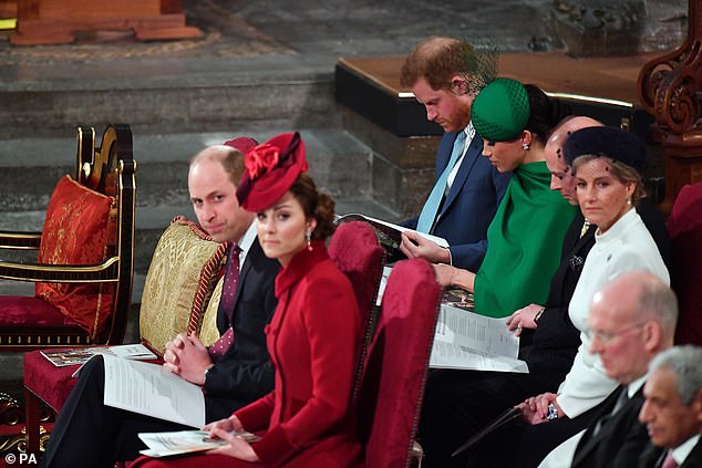 William and Kate, Harry and Meghan and Sophie and Edward are pictured at the 2020 Commonwealth Service at Westminster Abbey, the Sussexes' final official engagement before they quit royal life