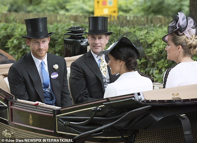 Sophie was described as a 'savvy peacemaker' who may be tasked with 'soothing tensions between the Sussexes and the rest of the Firm'. Harry and Meghan with Sophie and Edward are pictured at Ascot in 2018
