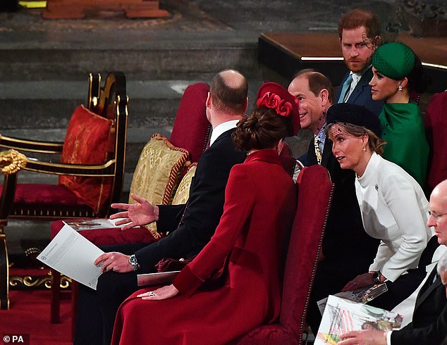 Kate speaks to Sophie at the Commonwealth Service at Westminster Abbey in 2020 while Harry looks on