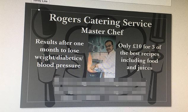 Pictured: A sign advertising Roger's Catering Service which sold healthy meals and juices