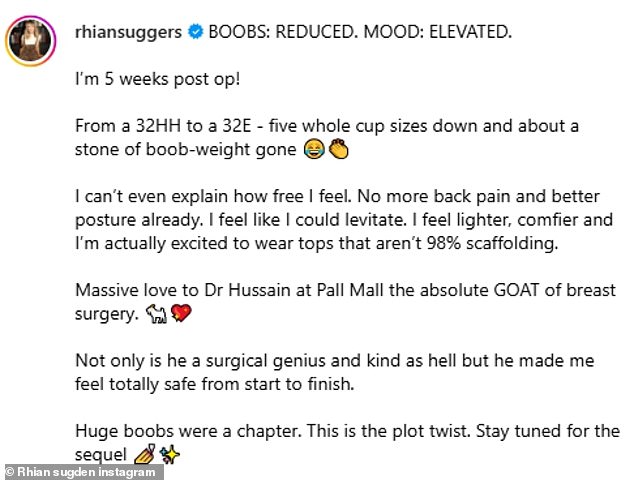 Posing in a pale blue bra for her almost 500,000 followers, Rhian said: 'From a 32HH to a 32E - five whole cup sizes down and about a stone of boob-weight gone'