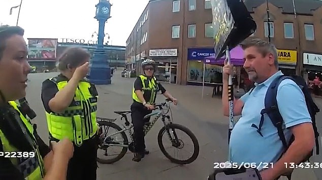 In body worn camera footage of the incident Mr Steele chuckles to himself and tells police 'the world's gone mad' adding 'I asked a simple question'