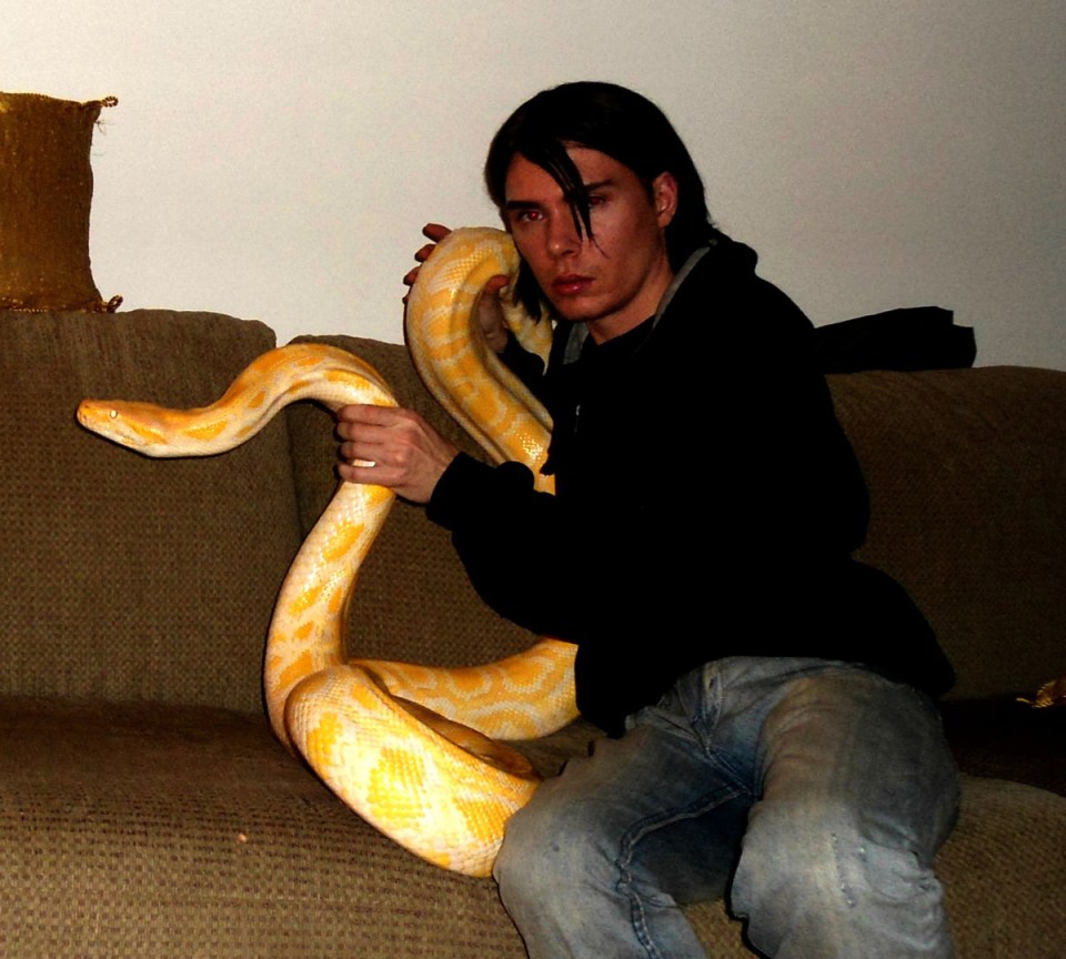 Man holding a large albino python on a couch.