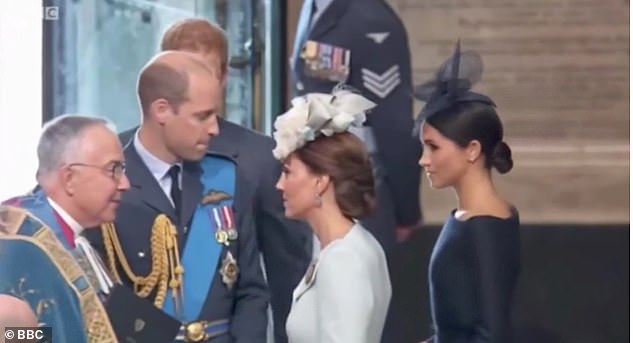 At the Westminster Abbey service to mark 100 years of the RAF, William stepped in between his wife and Meghan