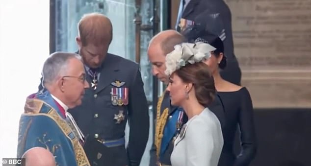 Body language expert Judi James told MailOnline: 'This looks very much like a devoted and protective husband strategically and very pointedly stepping between his wife and her nemesis in the form of a human shield'