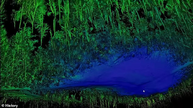 Pictured: The History Channel team did a LiDAR (Light Detection and Ranging) scan of the ground near where the UFO was thought to have crashed. Technologist Pete Kelsey claimed that this blue area was abnormally flat compared to the rest of the surrounding topography