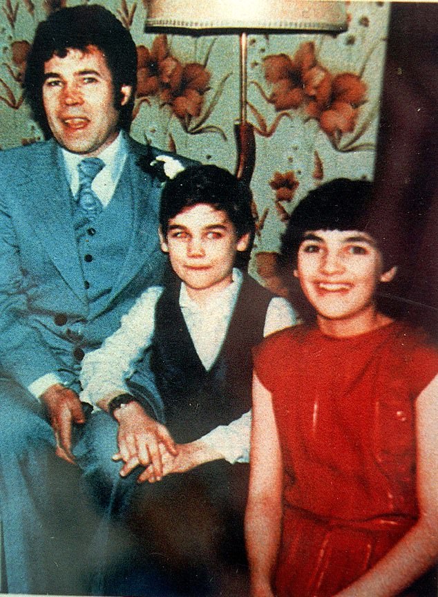 Stephen West pictured as a young boy with his dad Fred and his sister Heather, whose grave he was made to dig