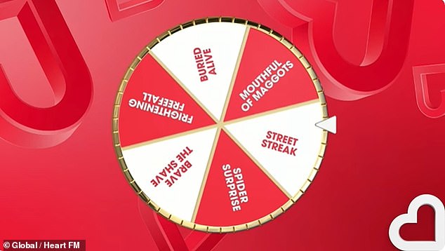 Jamie Theakston, 54, invited Olly to spin their Wheel of Peril, which was packed full of dares - from being buried alive to public nudity