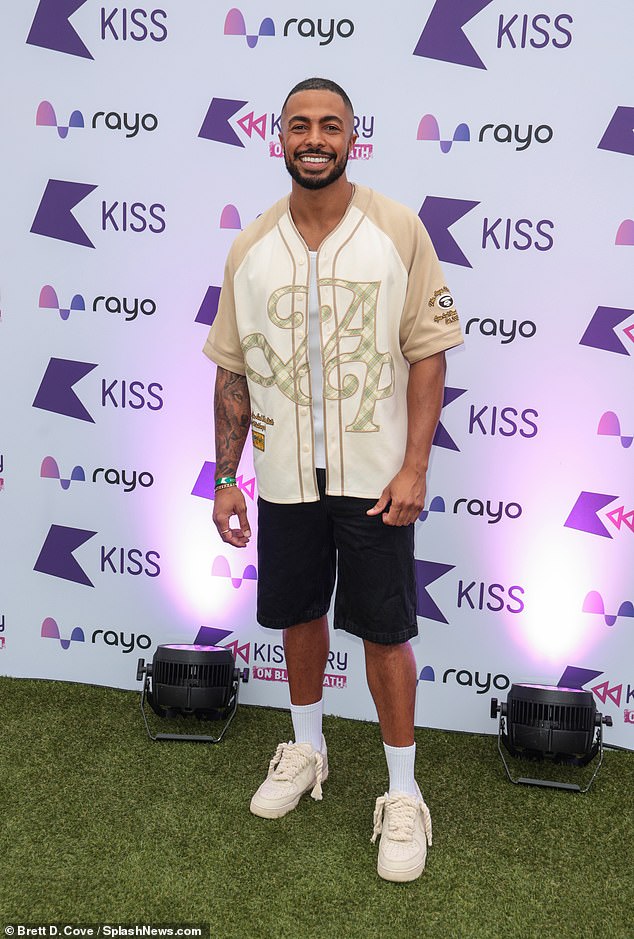 Meanwhile DJ Tyler, 29, opted for a short-sleeve varsity jacket and black trunks for the occasion