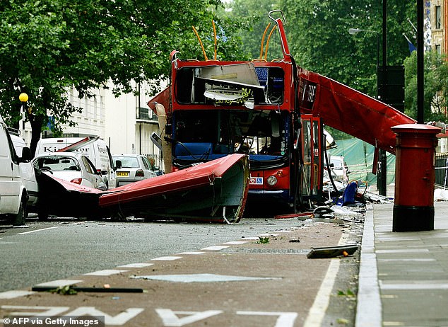 One of the 7/7 bombers - Hasib Hussain - was turned away from King's Cross Tube because it was overcrowded and he was carrying a backpack so instead the bomber boarded the Number 30 double-decker bus which he blew up at Tavistock Square in London (pictured)