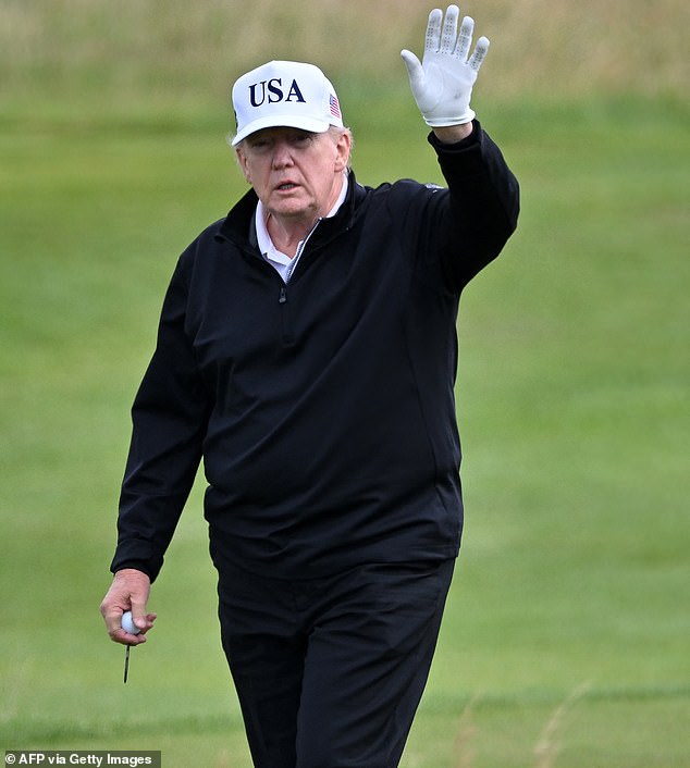 Trump was reportedly told in May that has name had appeared inside the Epstein Files, he is seen here playing golf in Scotland on Saturday