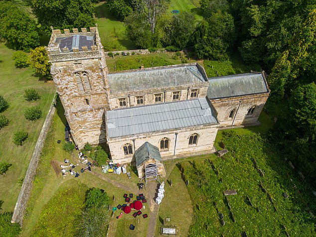 St Michael's and All Angels Church (pictured) in Great Tew was a hive of activity ahead of the wedding with up to 20 florists, set designers and security guards