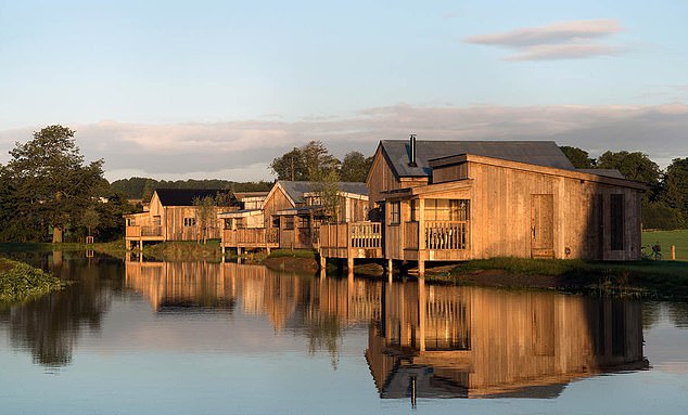 Much more than a country bolthole, stylish Soho Farmhouse is set within 100 acres and features manmade lakes and Scandi-style cabins (pictured)
