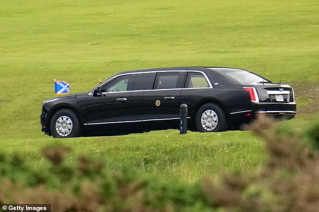 Mr Trump's Presidential state car, nicknamed The Beast, was spotted at Turnberry