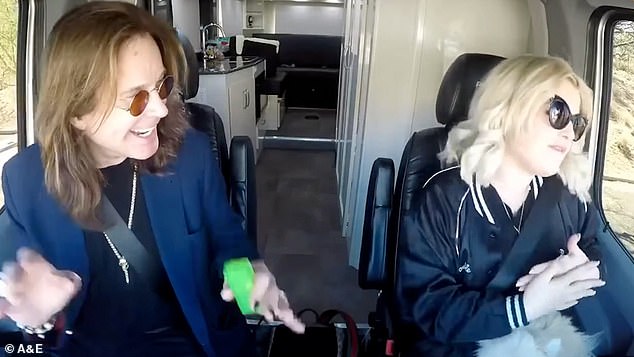 As Ozzy, who was dressed very smartly in a navy blazer, black T-shirt, trilby hat and sunglasses stepped into the vehicle, Kelly said: 'I've got this song in my head, I'm gonna have to play it for you'
