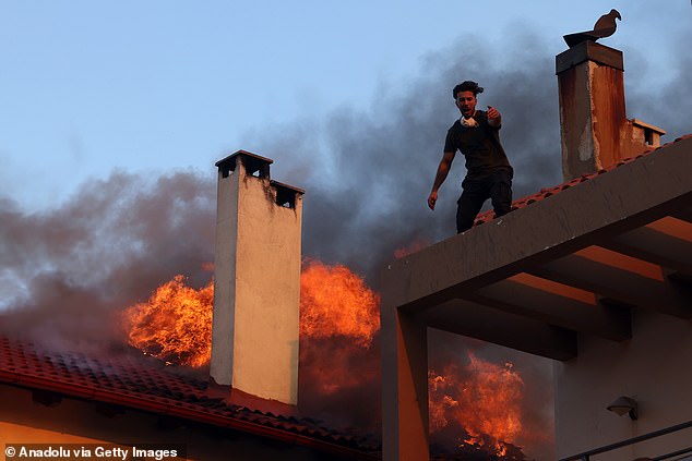 The southern European country was first hit with the scorching temperatures on Monday and they have not relented throughout this week. Pictured: Wildfire in Kryoneri near Athens on Saturday