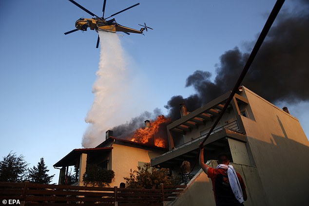 After the mercury hit a blistering 44C high in Athens on Tuesday, a wildfire has now burned through a northern suburb of the capital (pictured), on Saturday