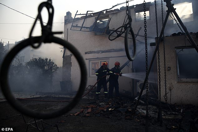 And indeed, some 52 wildfires have already broken out in just the last 24 hours. Pictured: Wildfire in Kryoneri