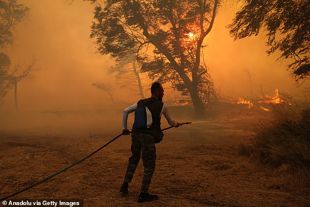 At least five residents - most of them elderly, with respiratory problems - are being treated by ambulance staff. Pictured: Wildfire in Kryoneri on Saturday