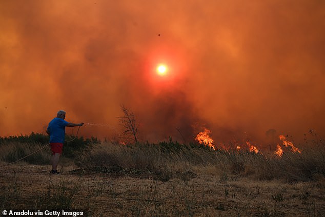 The Foreign Office updated its advice for British travellers to Greece at the start of this month, warning of the risk of wildfires. Pictured: Wildfire in Kryoneri on Saturday