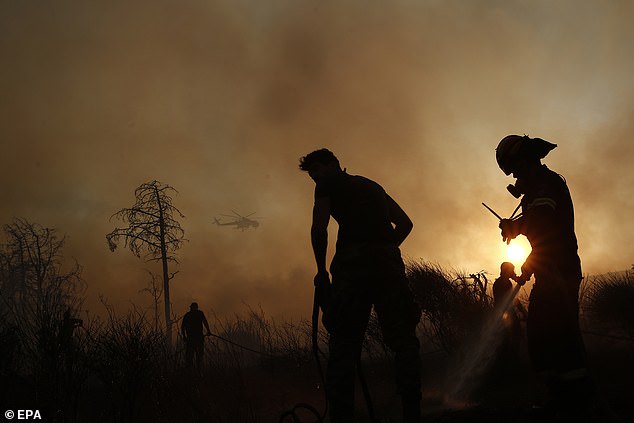 It also recommends tourists consider packing a 'grab bag' of essentials. Pictured: Wildfire in Kryoneri on Saturday