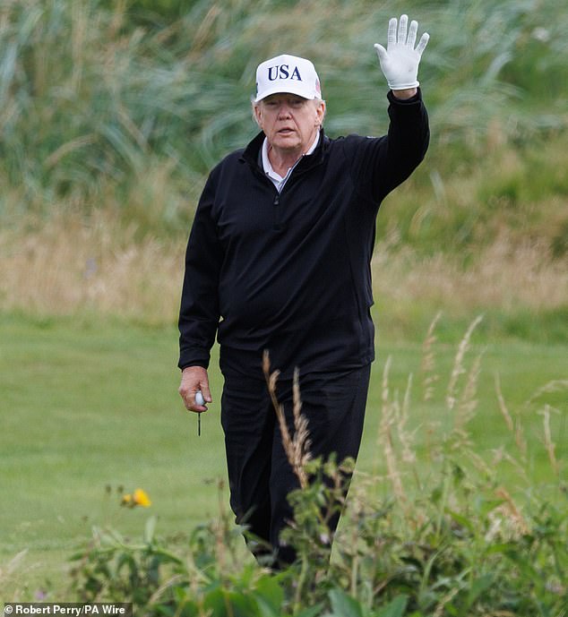 Maxwell is hoping for a full presidential pardon. Mr Trump, who is in Scotland, pictured, told reporters he is 'allowed' to pardon her but that 'it is something that I haven't thought about'