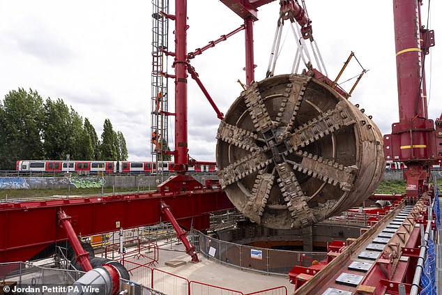 The so-called tunnel boring machine (TBM), named Emily (pictured), had been tasked with a 3.4-mile drive, starting at Victoria Road in the west London borough of North Acton