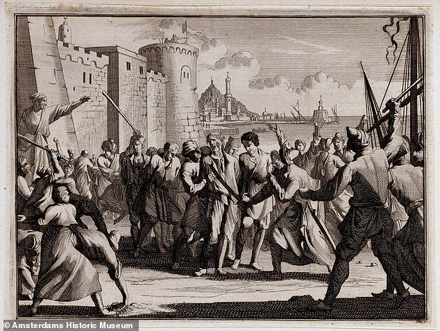 An illustration shows enslaved Christians seized by corsairs arriving in the port of Algiers to be ransomed
