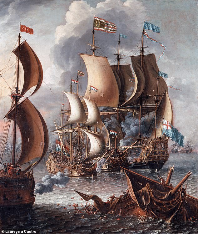 A 1681 painting by Flemish painter Laureys a Castro depicting a sea battle between European ships and Barbary corsairs