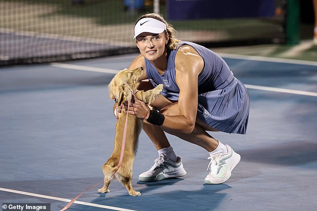 The puppy, wearing a pink harness and dragging along a pink leash, ran straight for Kalinskaya