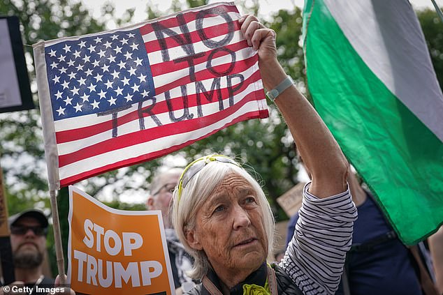 This woman made a sign by drawing over the American flag to make her point
