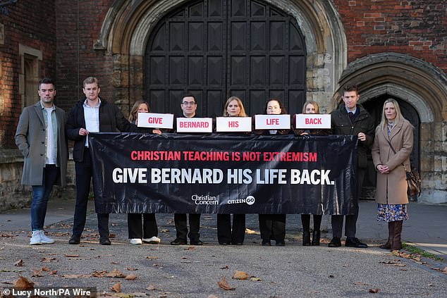 Reverend Dr Bernard Randall (centre) handing in a CitizenGo petition signed by 38,000 people at Lambeth Palace, London, calling on the Archbishop of Canterbury Justin Welby to give him his life and career back and apologise, Tuesday November 12, 2024