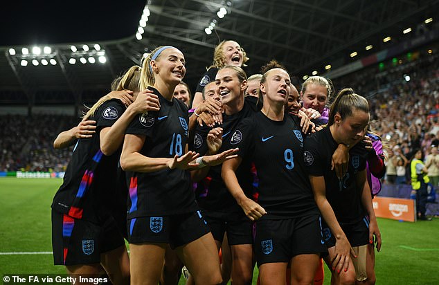 He paid tribute to Sarina Wiegman's team for their extraordinary campaign (pictured: the England team after scoring the winner in Tuesday's semi-final with Italy)