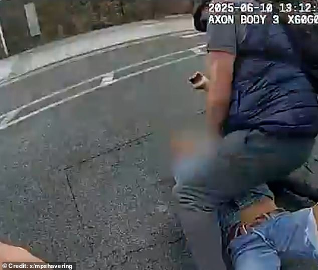 Looking to cross the road, the suspected thief then runs straight into the path of the other officer, whose oncoming bike he collides with before being apprehended