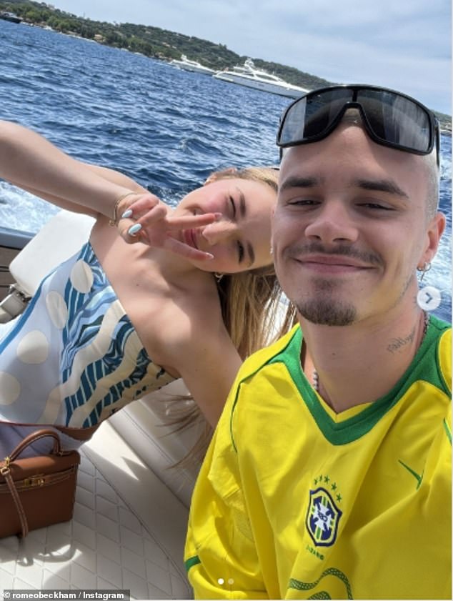 It comes as the rest of the Beckham clan enjoy a family holiday in the South of France, with Romeo posing for a snap with his younger sister Harper