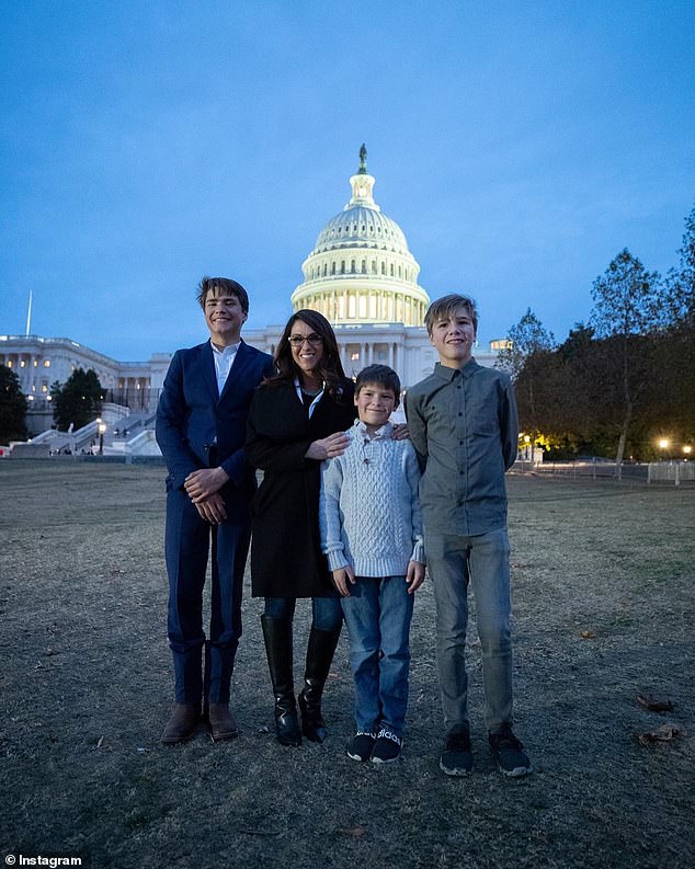 Lauren Boebert is pictured with her four sons. She is no stranger to the spotlight - previously making headlines for her whirlwind of a personal life