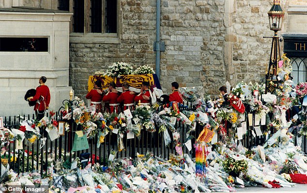 Diana's coffin enters Westminster Abbey surrounded by floral tributes. Inside the church William and Harry were joined by their father, the then Prince Charles , their grandmother Queen Elizabeth II and most of the other senior royals.