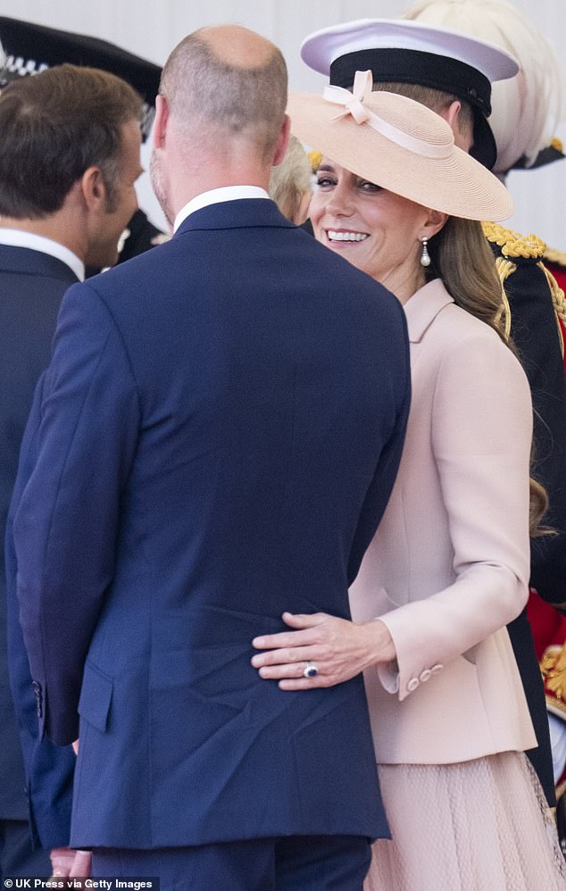 William and Kate are pictured during the formal welcome at the Royal Dais on July 8, 2025, in Windsor