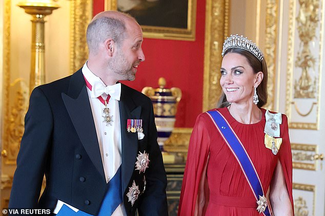 The Prince and Princess of Wales arrive for the State Banquet for President of France Emmanuel Macron and his wife Brigitte Macron, on day one of the French President's state visit to the UK in July
