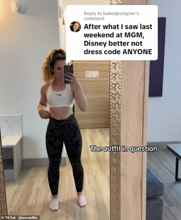 Arena said she was 'dress-coded' for wearing a white Nike sports bra and black leggings - an outfit she described as typical gym wear