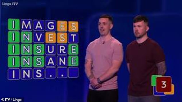 The pair guessed similar words, including 'insure' and 'insane' - which saw the I, N, S, and E in the right place, and left just two letters to be guessed