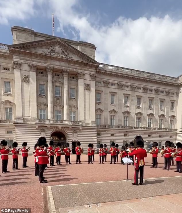 A brass band playing Three Lions outside Buckingham Palace to wish the Lionesses good luck ahead of the nail-biting final in Basel tonight