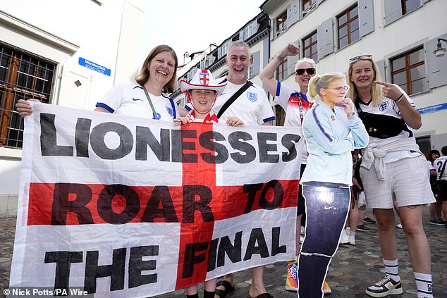 Some fans are also getting the fanfare going with cardboard cut-outs of the players and large flags that read 'Lionesses Roar to the Final'