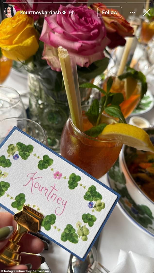 She also showed off her place name card during the wedding meal, featuring her name handwritten in pink, surrounded by green foliage motifs and matching tableware