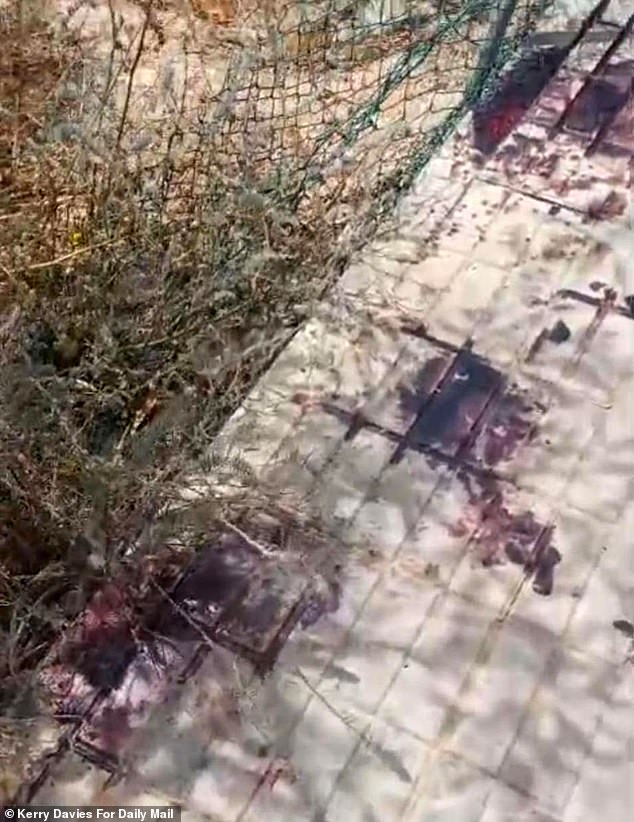 Blood stains mark the floor at the location where Dan McMeekin was attacked with a boxcutter and had his throat cut