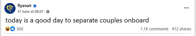 Mr McCormick claims the experience felt like 'discrimination,' and that the couple were singled out because they are 'young' and childfree. Ryanair later shared a response to Scott and Helena's complaints, simply saying: 'Today is a good day to separate couples onboard'