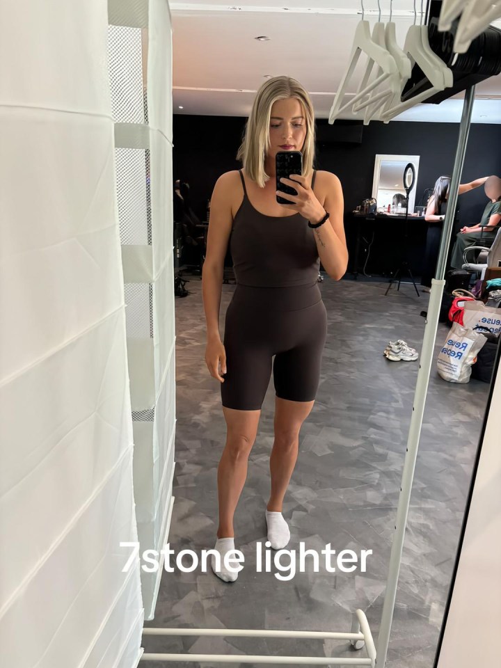 Woman in brown athletic wear, 7 stone lighter.