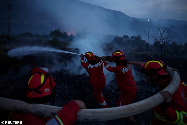 Members of emergency services work to contain a wildfire near Bulqiza, Albania