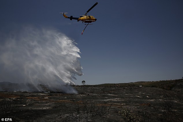 A firefighting helicopter operates in a burned area after a wildfire in the area of Kryoneri, in the suburbs of Athens, Greece, today